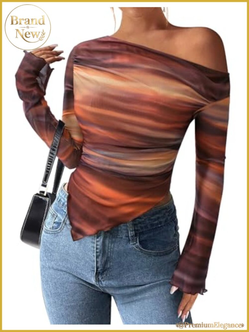 Off Shoulder Mesh Top Long Sleeve Ruched Blouse